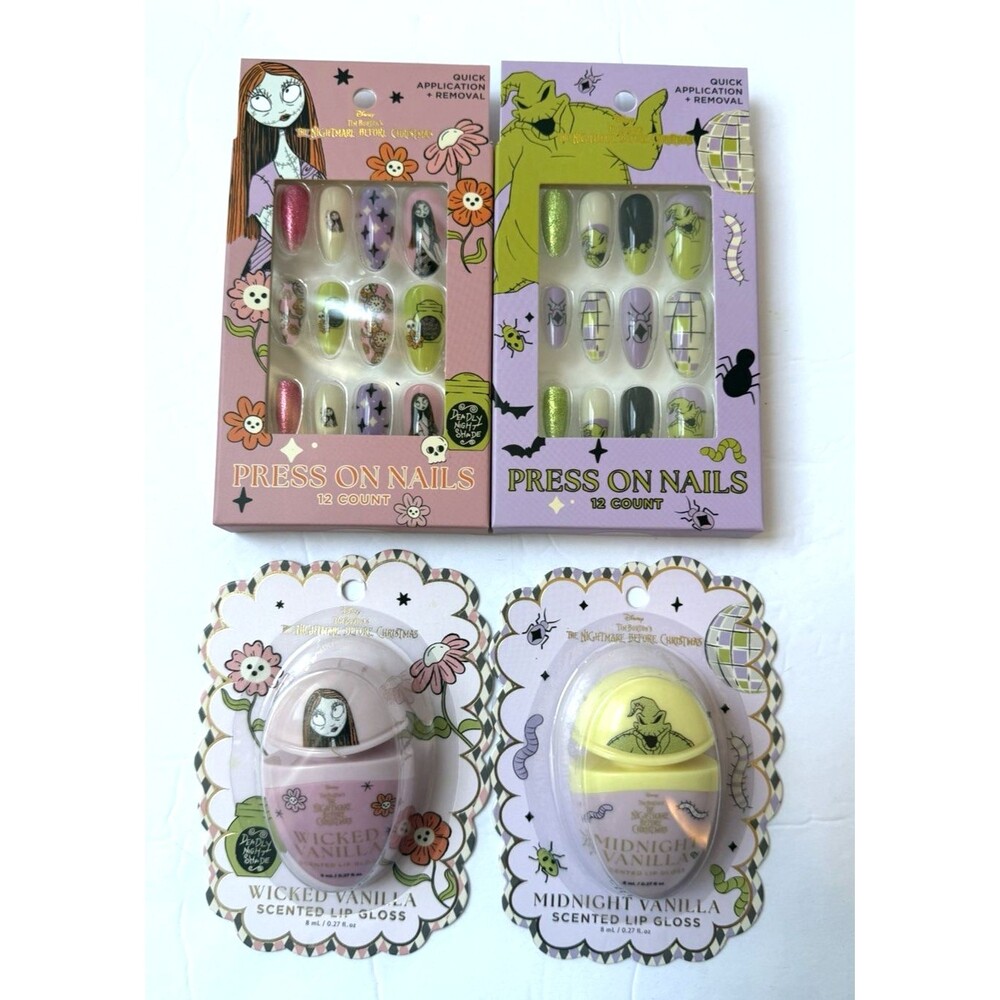 4 Pk Disney Nightmare Before Christmas Press On Nails Long Almond And Lipgloss